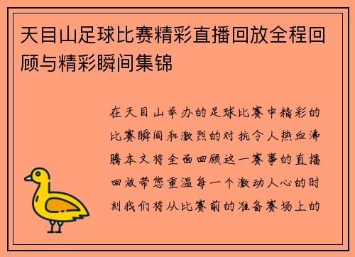 天目山足球比赛精彩直播回放全程回顾与精彩瞬间集锦